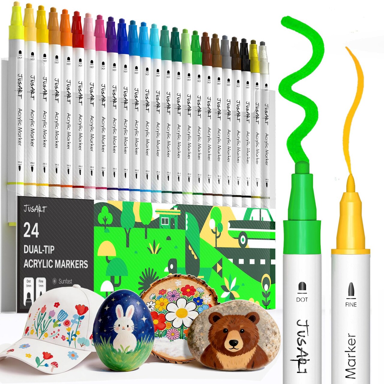 24 Colors Acrylic Paint Markers, Dual Tip Coloring Markers with Dot and Fine Tip for Rock, Fabric, Wood, Glass, Ceramic, Canvas, Vibrant Art Supplies and DIY Crafts Art Supplies